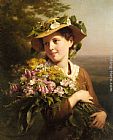 Flowers Canvas Paintings - A Young Beauty holding a Bouquet of Flowers